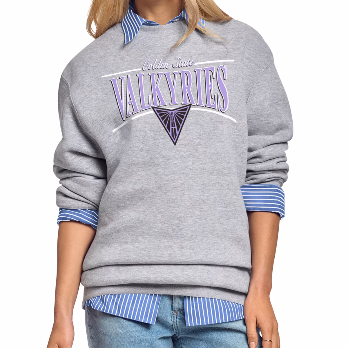 Women's Starter Gray Golden State Valkyries Arch Stripe Fleece Crewneck Sweatshirt 2 Women's Starter Gray Golden State Valkyries Arch Stripe Fleece Crewneck Sweatshirt