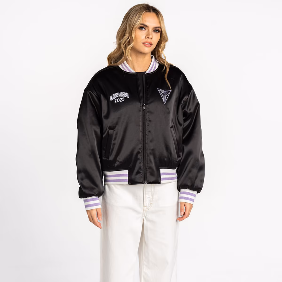 Women's The Wild Collective Eclipse Black Golden State Valkyries Oversized Cropped Satin Full-Zip Bomber Jacket 1 Women's The Wild Collective Eclipse Black Golden State Valkyries Oversized Cropped Satin Full-Zip Bomber Jacket