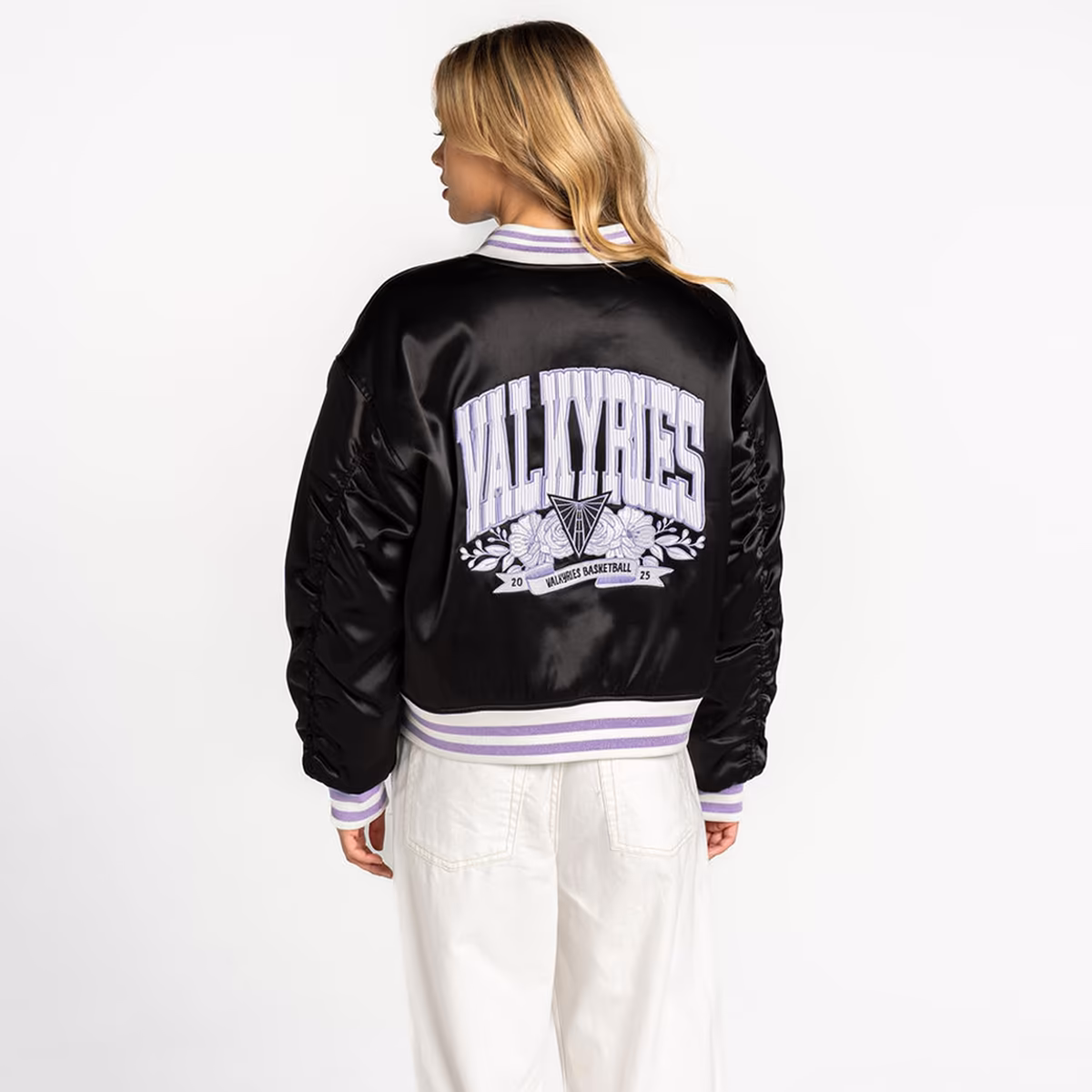 Women's The Wild Collective Eclipse Black Golden State Valkyries Oversized Cropped Satin Full-Zip Bomber Jacket 3 Women's The Wild Collective Eclipse Black Golden State Valkyries Oversized Cropped Satin Full-Zip Bomber Jacket