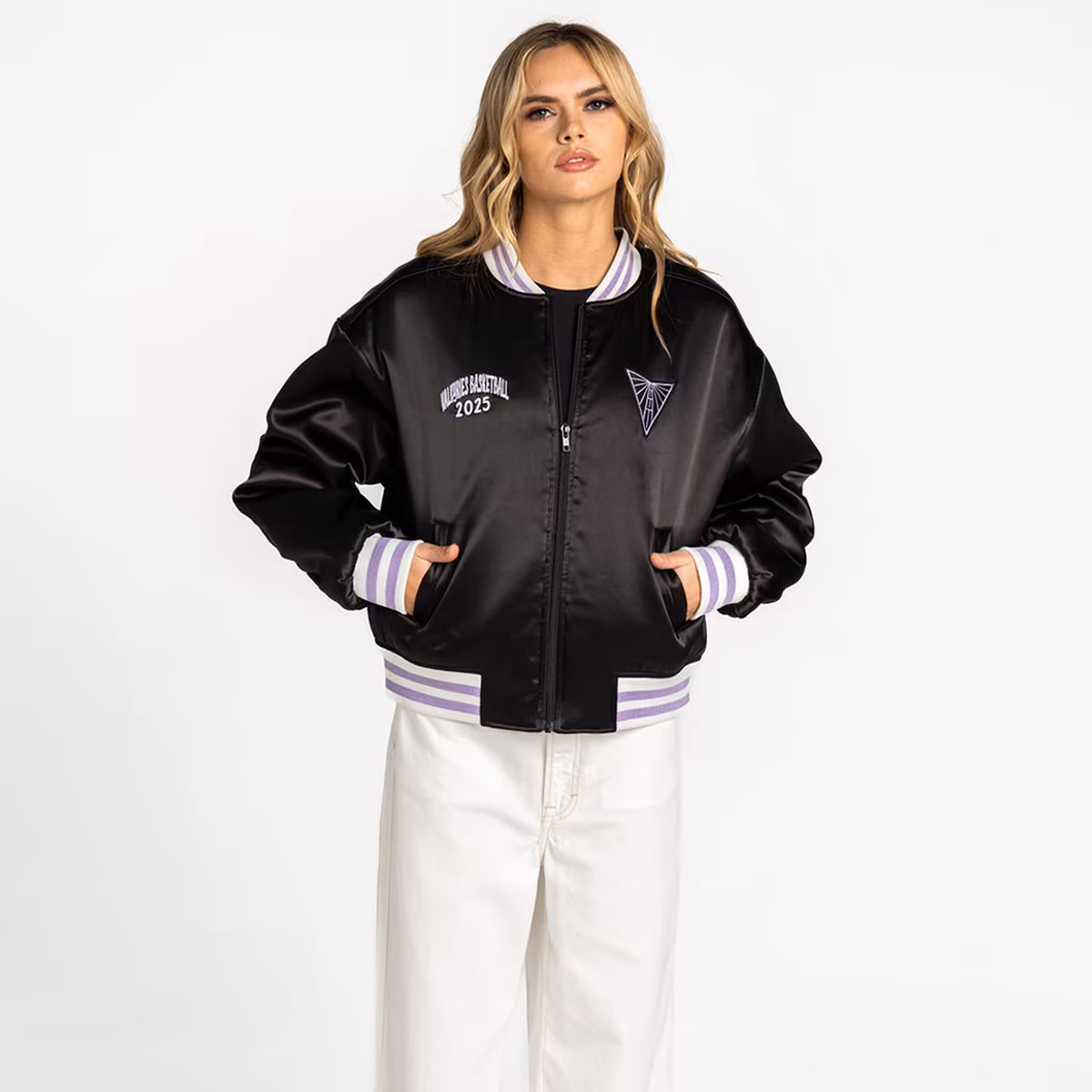 Women's The Wild Collective Eclipse Black Golden State Valkyries Oversized Cropped Satin Full-Zip Bomber Jacket 4 Women's The Wild Collective Eclipse Black Golden State Valkyries Oversized Cropped Satin Full-Zip Bomber Jacket