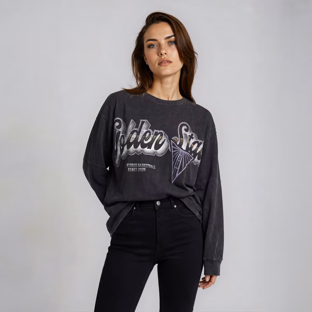 Women's The Wild Collective Black Golden State Valkyries Oversized Long-Sleeve T-Shirt 1 Women's The Wild Collective Black Golden State Valkyries Oversized Long-Sleeve T-Shirt